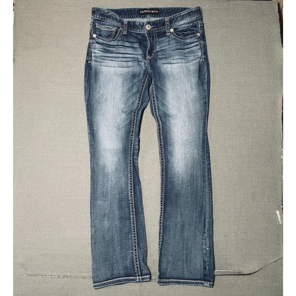 Express Stella Barely Bootcut Jeans 10 Long Low Rise Distressed Dark Wash